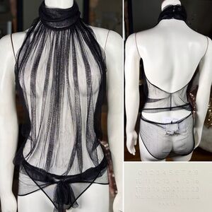 Pre-2015 Maison Martin Margiela Archive Black Silk Gauze Halter Bodysuit, Sz S